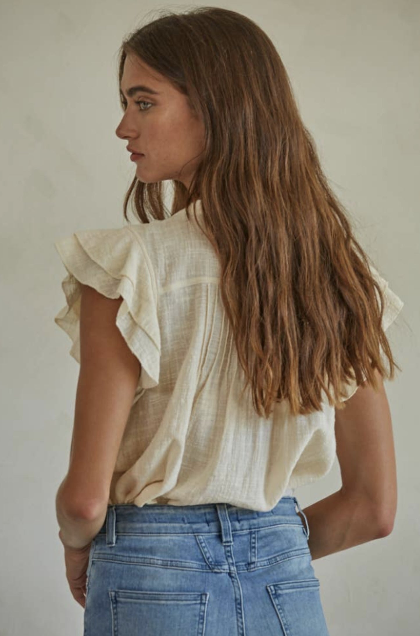 Woven Cotton Linen Button V-Neck Short Sleeve Top (Cream color) - by By Together®