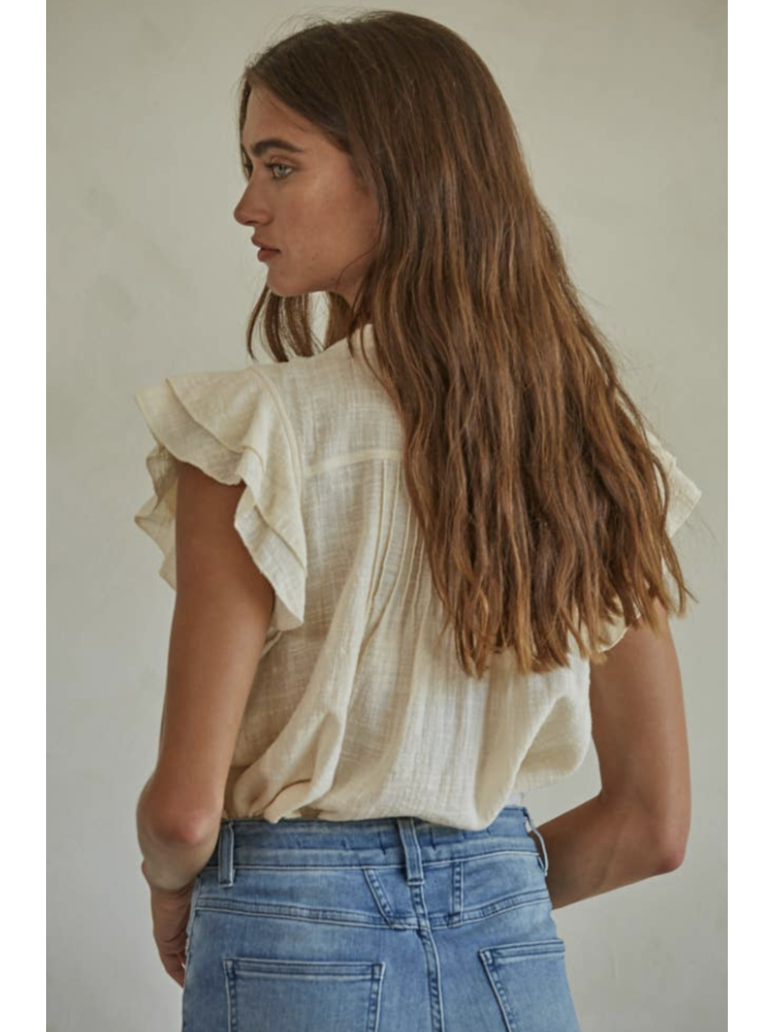 Woven Cotton Linen Button V-Neck Short Sleeve Top (Cream color) - by By Together®