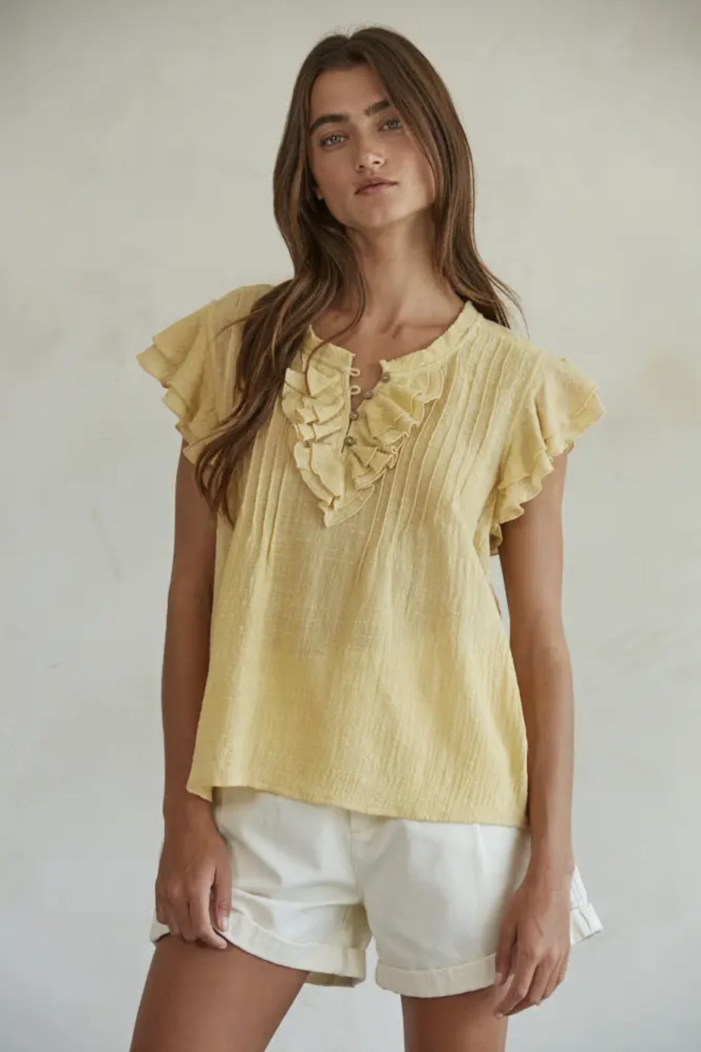 Woven Cotton Linen Button V-Neck Short Sleeve Top (Mustard color) - by By Together®