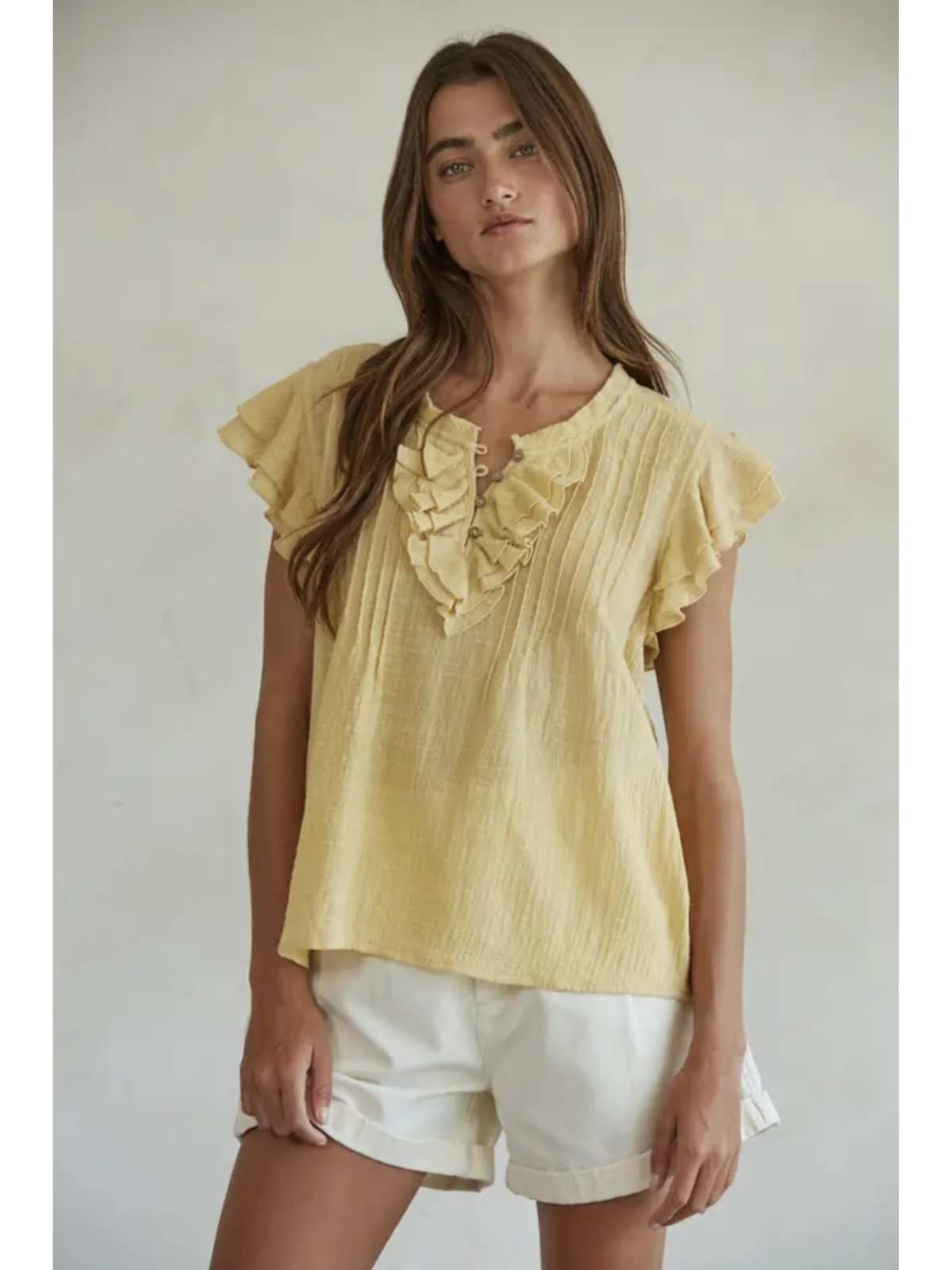 Woven Cotton Linen Button V-Neck Short Sleeve Top (Mustard color) - by By Together®