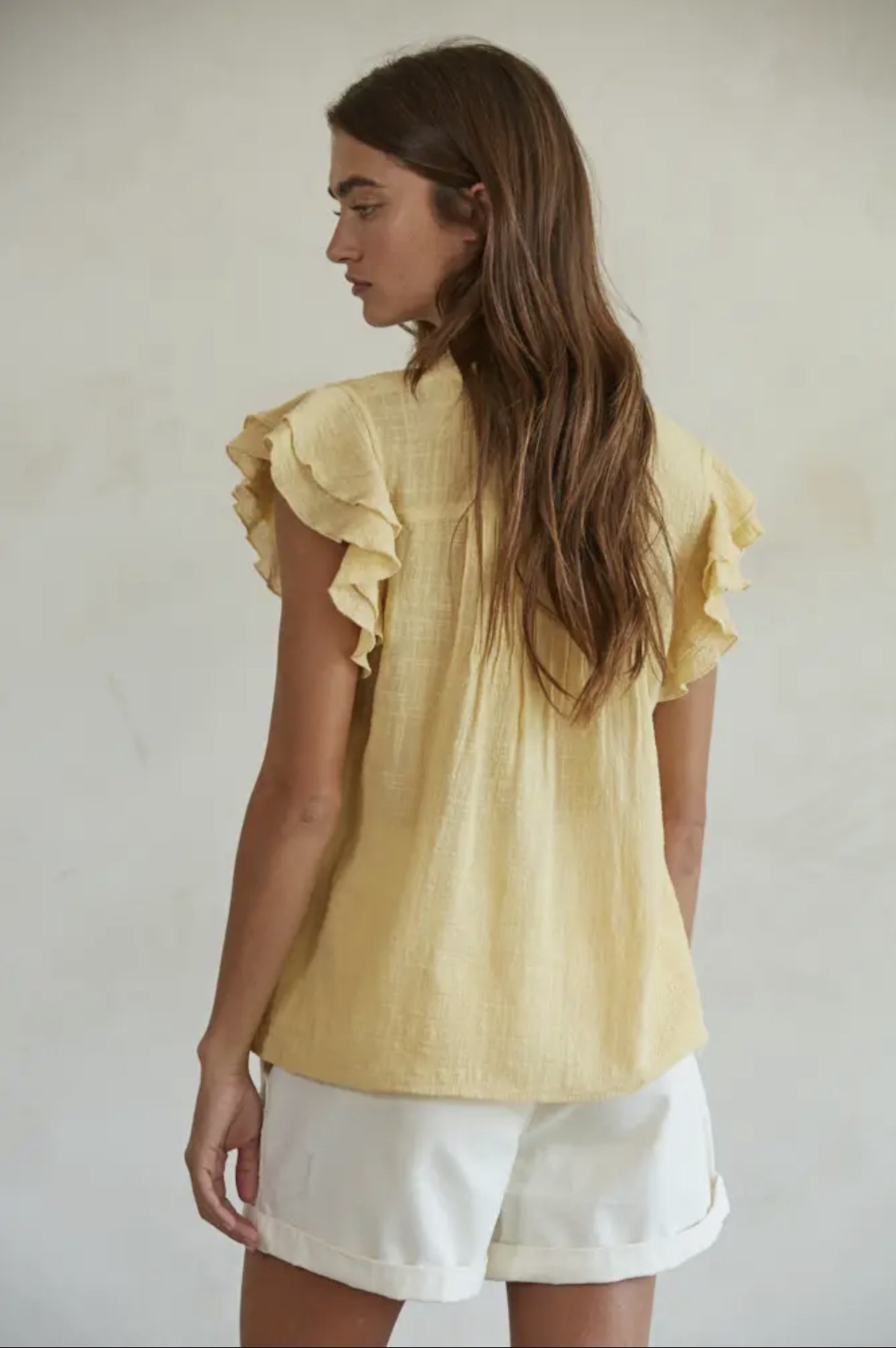 Woven Cotton Linen Button V-Neck Short Sleeve Top (Mustard color) - by By Together®