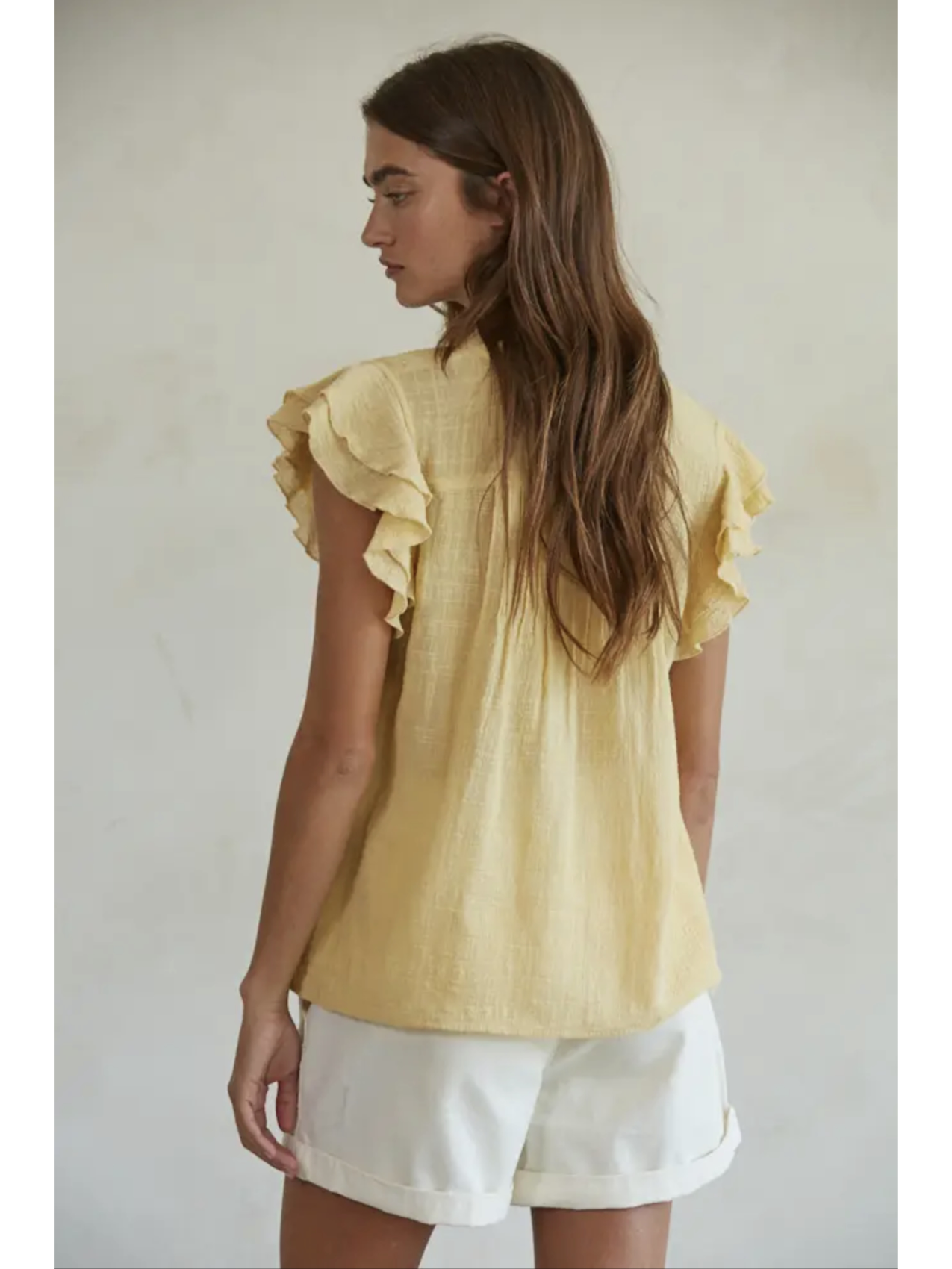 Woven Cotton Linen Button V-Neck Short Sleeve Top (Mustard color) - by By Together®