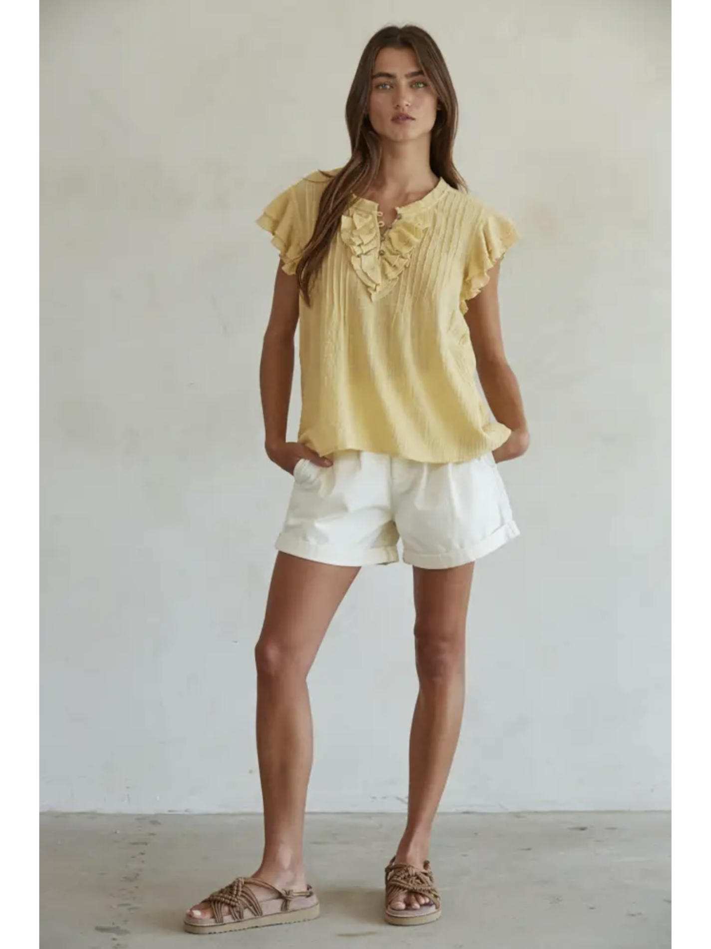 Woven Cotton Linen Button V-Neck Short Sleeve Top (Mustard color) - by By Together®