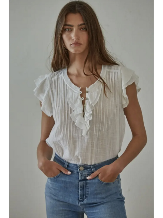 Woven Cotton Linen Button V-Neck Short Sleeve Top (Off White color) - by By Together®
