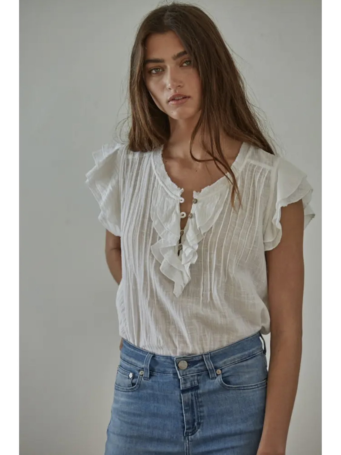 Woven Cotton Linen Button V-Neck Short Sleeve Top (Off White color) - by By Together®