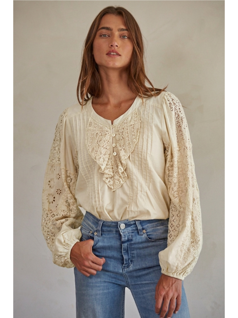 Woven Cotton Long Sleeve Blouse (Cream Color) - by By Together®