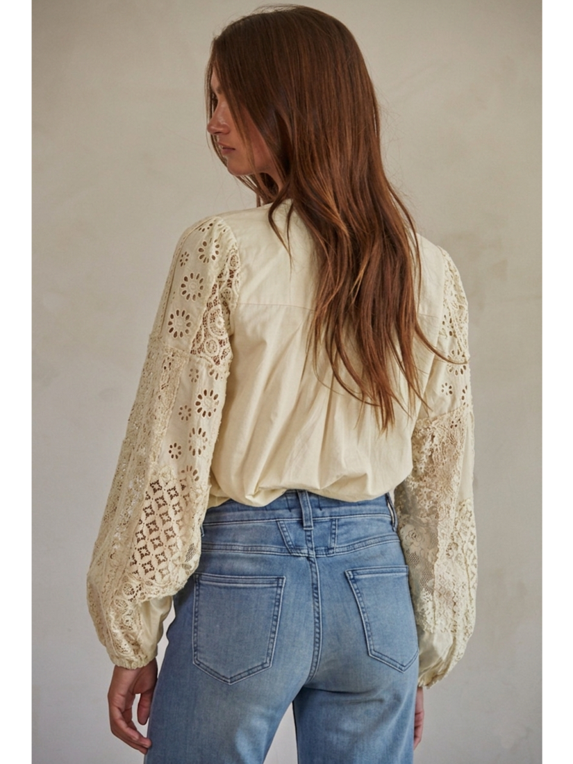 Woven Cotton Long Sleeve Blouse (Cream Color) - by By Together®