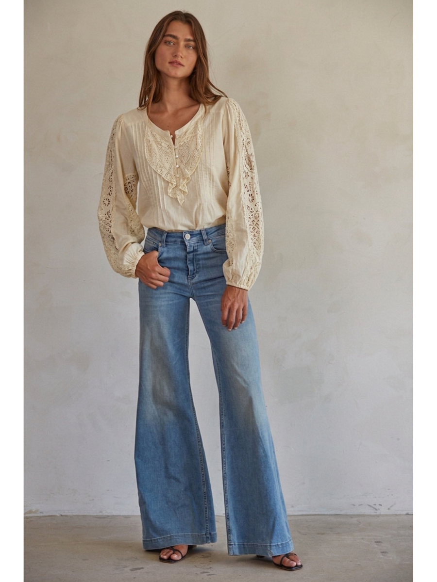Woven Cotton Long Sleeve Blouse (Cream Color) - by By Together®