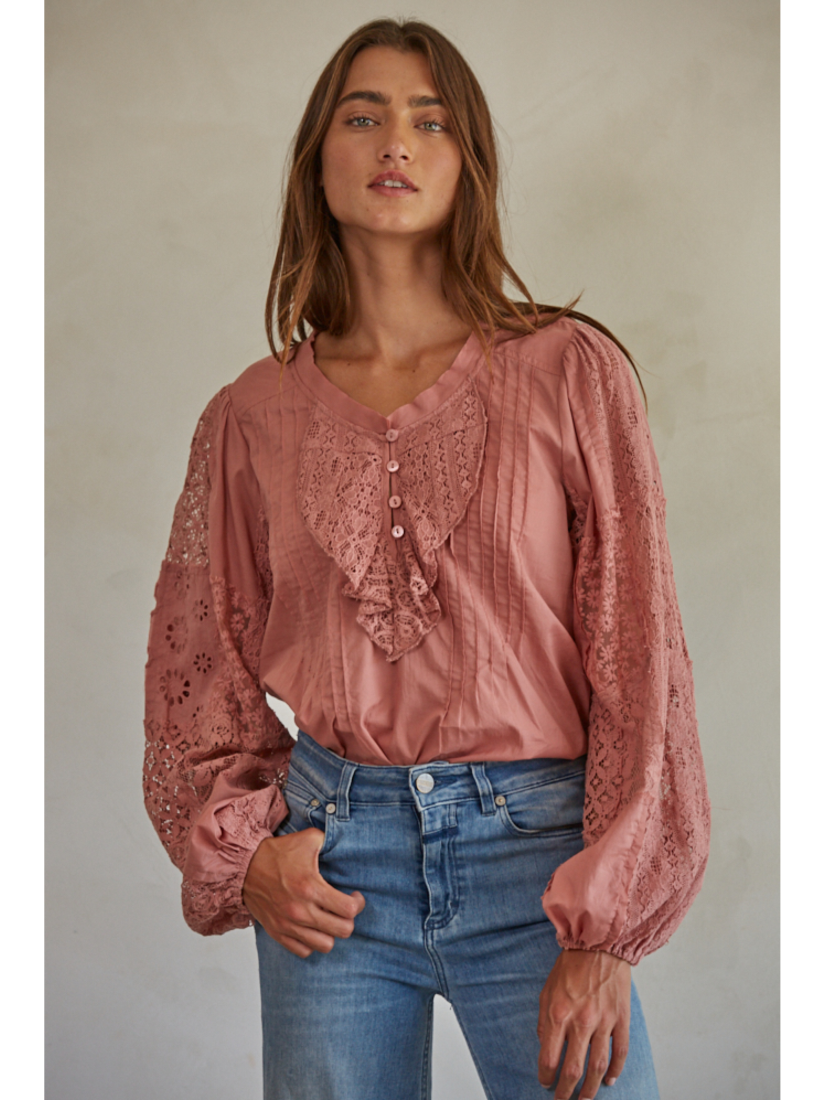 Woven Cotton Long Sleeve Blouse (Mauve Color) - by By Together®