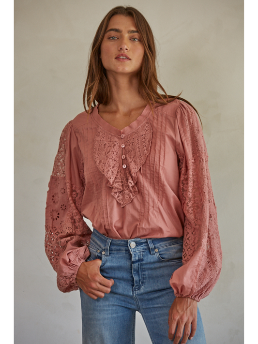 Woven Cotton Long Sleeve Blouse (Mauve Color) - by By Together®