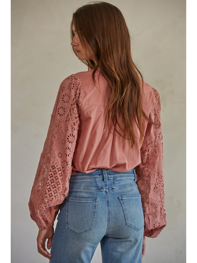 Woven Cotton Long Sleeve Blouse (Mauve Color) - by By Together®