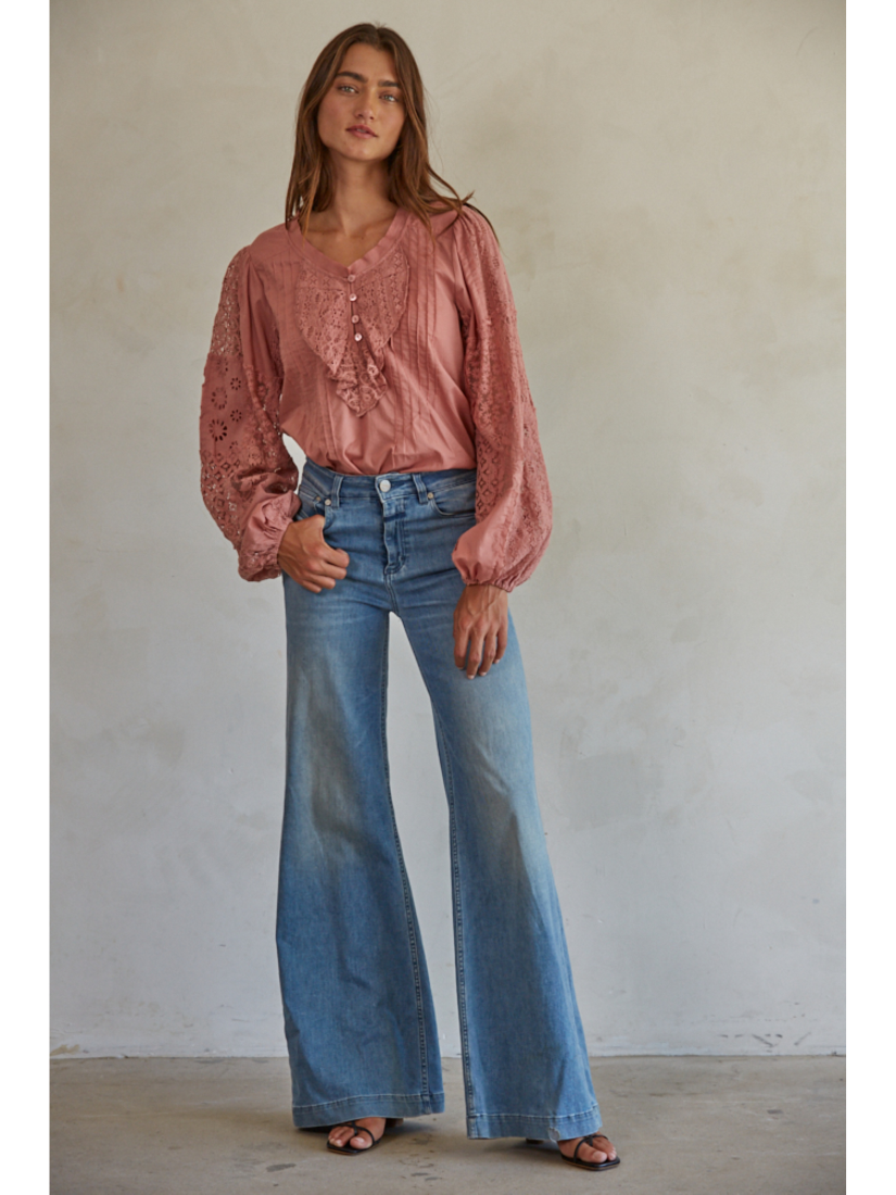 Woven Cotton Long Sleeve Blouse (Mauve Color) - by By Together®