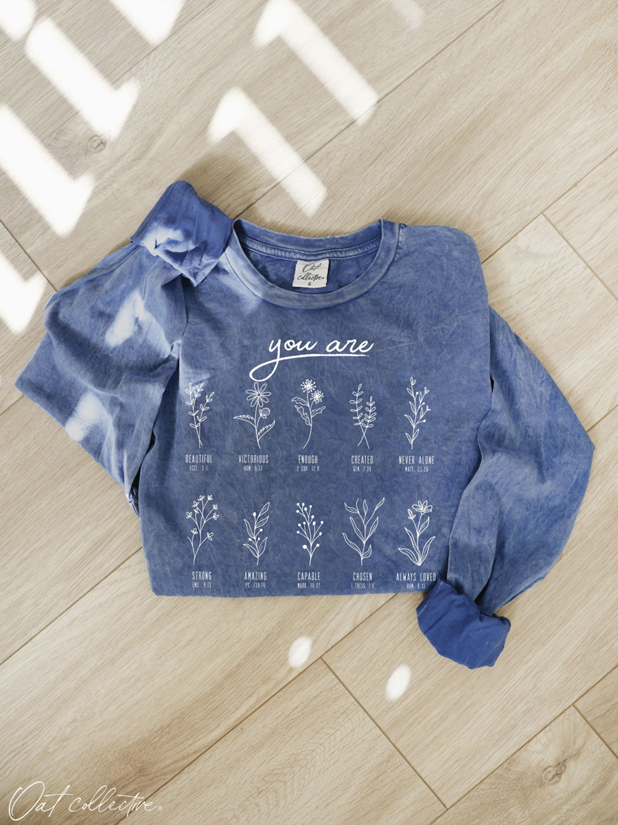 You Are Mineral Washed Long Sleeve Graphic (Denim Blue color)- by OAT COLLECTIVE