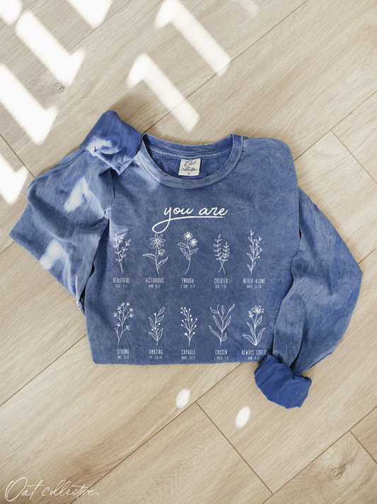 You Are Mineral Washed Long Sleeve Graphic (Denim Blue color)- by OAT COLLECTIVE