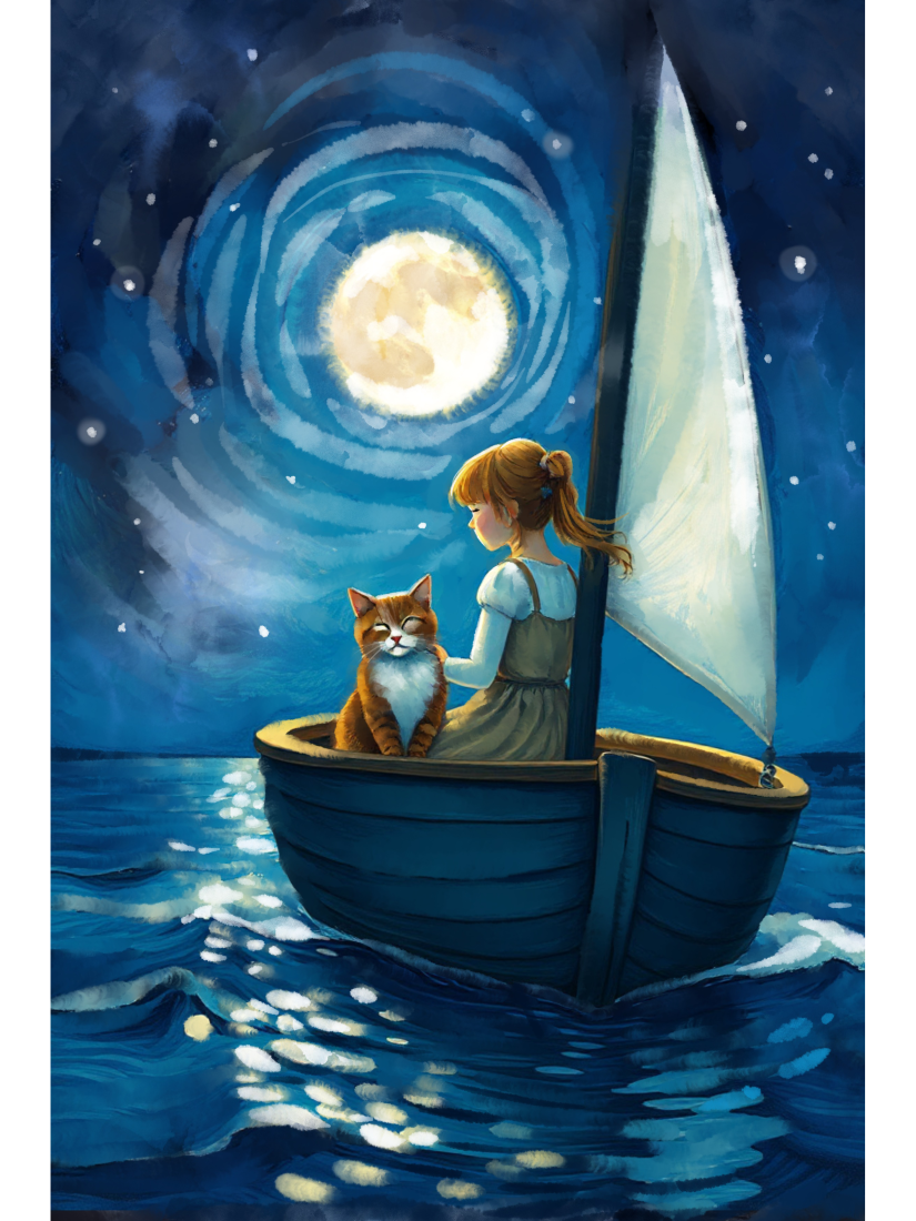 Whimsical art of a girl and ginger cat in a sailboat on the ocean under a large, glowing full moon in a starry night sky.