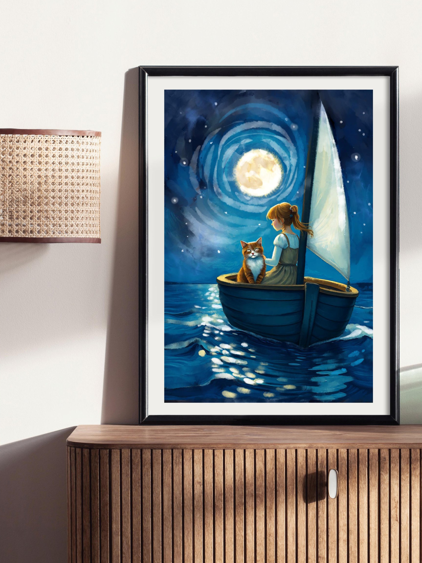 Framed artwork of a Whimsical art of a girl and ginger cat in a sailboat on the ocean under a large, glowing full moon in a starry night sky.