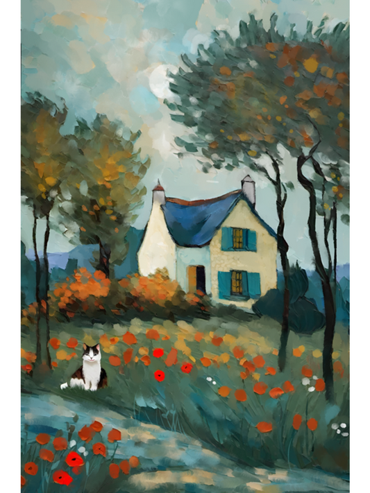 Impressionistic painting of a white cottage with blue shutters, a field of red poppies, and a calico cat sitting in the grass.