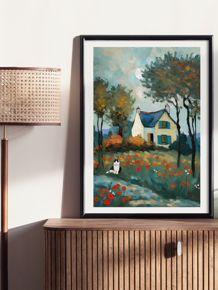 Framed artwork sample of Impressionistic painting of a white cottage with blue shutters, a field of red poppies, and a calico cat sitting in the grass.