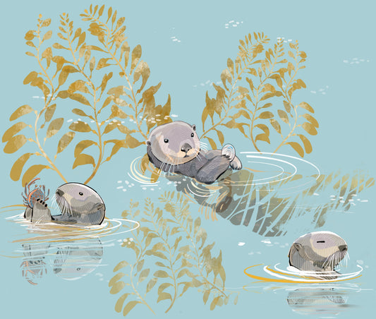 Aqua Sea Otters Chillin - Illustrated Print by Thomas Little