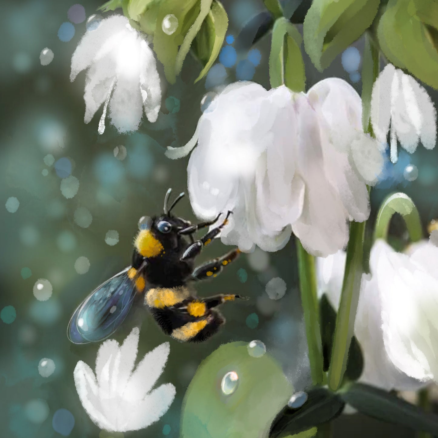 Bee and White Bloom - Illustrated Print by Thomas Little