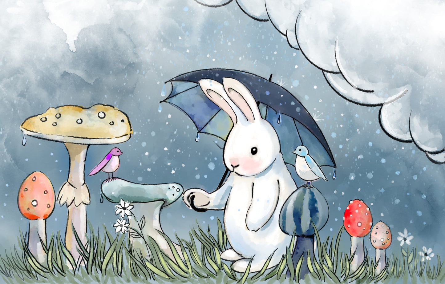 Bunny in the Rain - Illustrated Print by Thomas Little