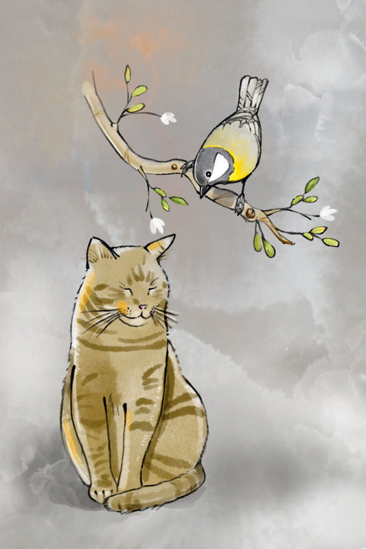 Catnap and Watchful Bird - Illustrated Print by Thomas Little