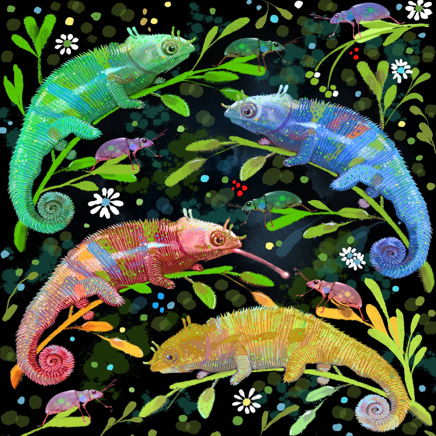 Colorful Chameleons - Illustrated Print by Thomas Little