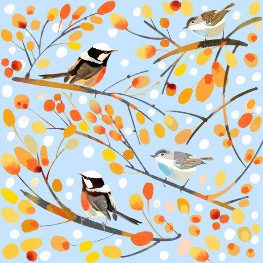 Fall Birdies Blue - Illustrated Print by Thomas Little