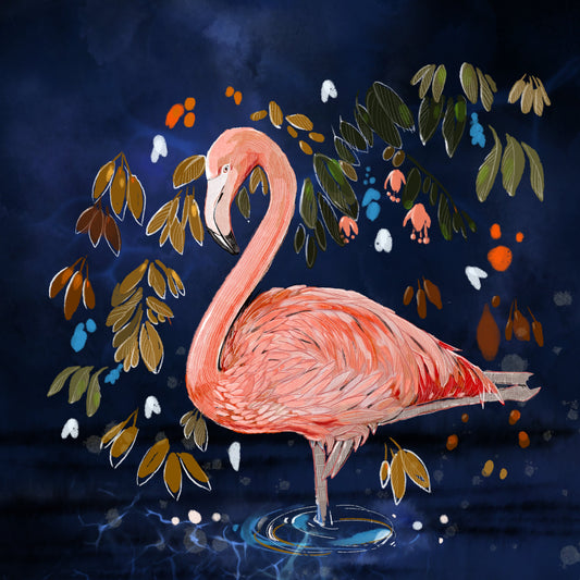 Flamingo Contemplating - Illustrated Print by Thomas Little