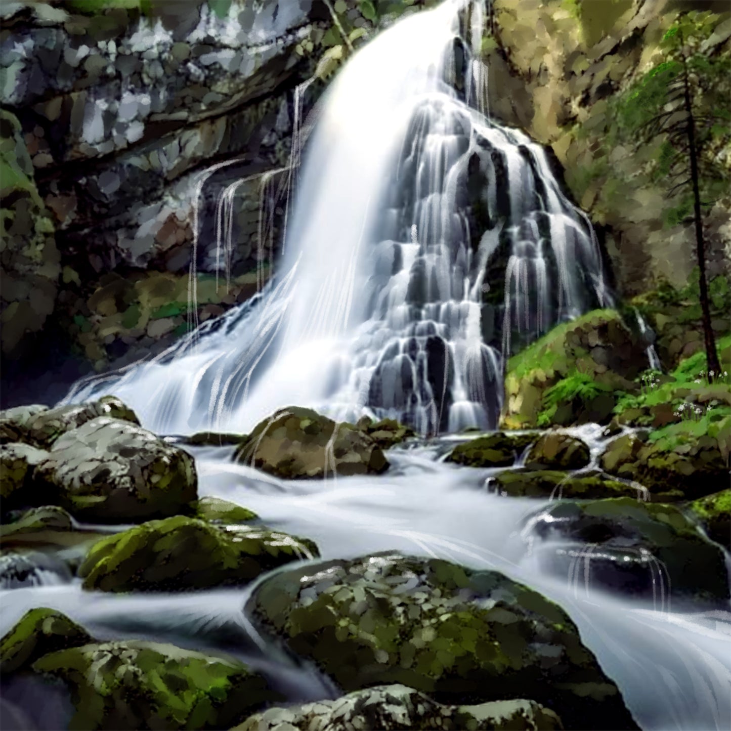 Forest Waterfall - Illustrated Print by Thomas Little