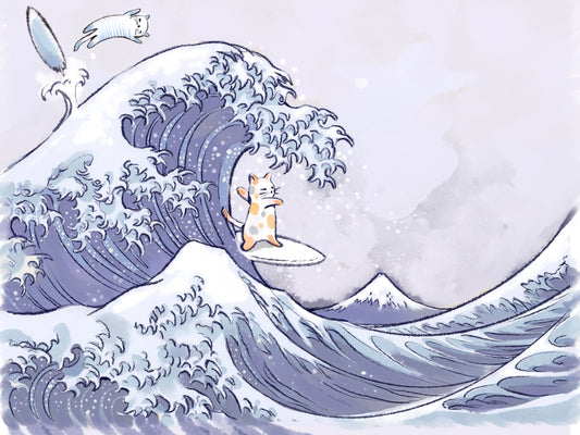 Global Cats Surf's Up - Illustrated Print by Thomas Little