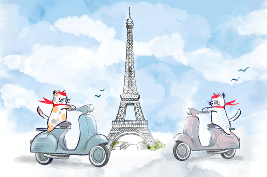 Global Cats in Paris- Illustrated Print by Thomas Little