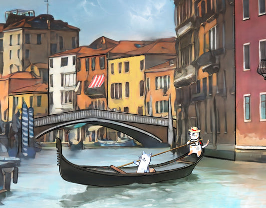 Global Cats in Venice - Illustrated Print by Thomas Little