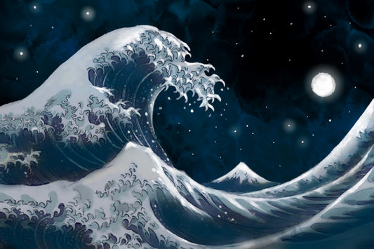 Midnight and The Great Wave - Illustrated Print by Thomas Little