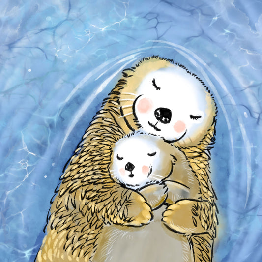 Sea Otter Mama and Baby - Illustrated Print by Thomas Little