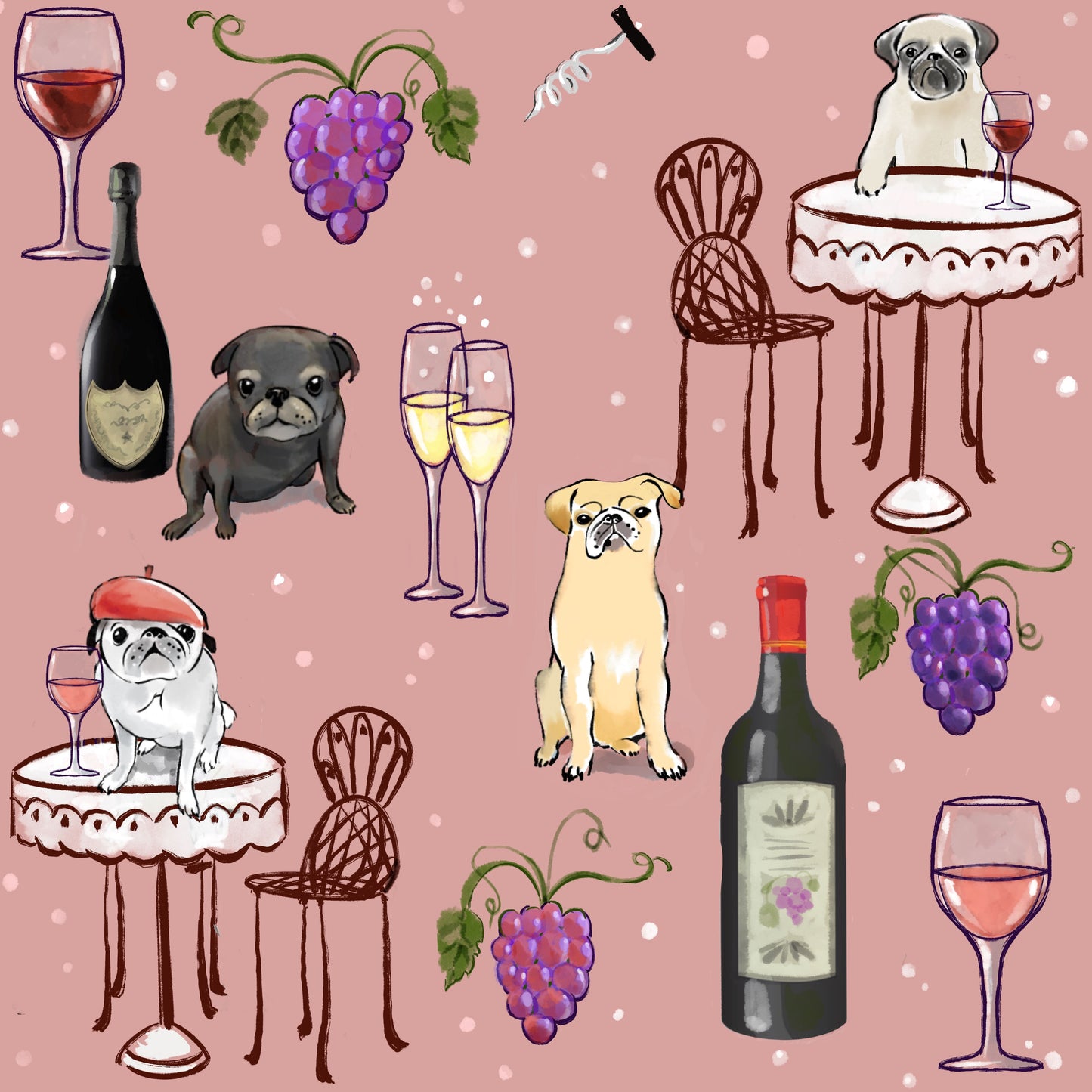 Wine Pugs - Illustrated Print by Thomas Little