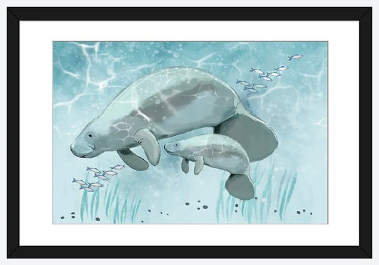 Mama and Baby Manatee by Thomas Little - 24 x 16 inches - framed art print